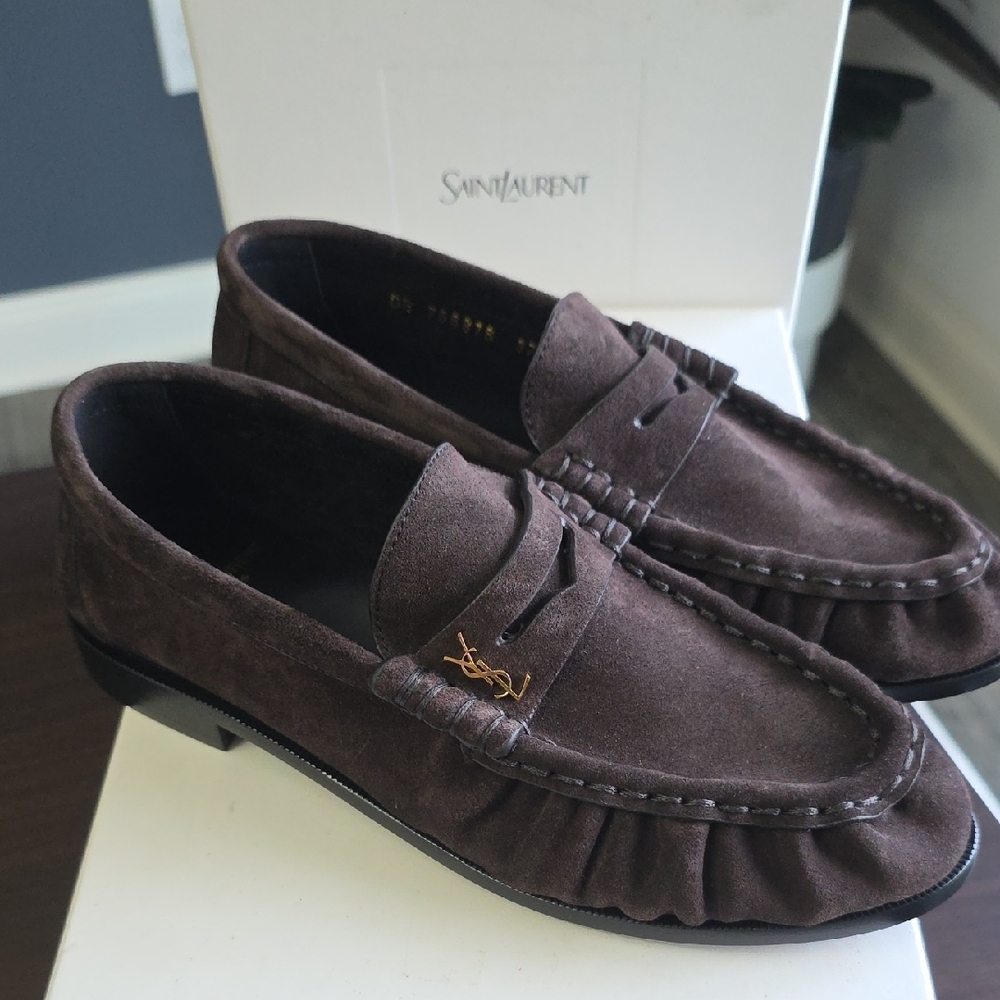 Saint Laurent Brown Suede Penny Loafers with Gold YSL Accent - Picture 3 of 13